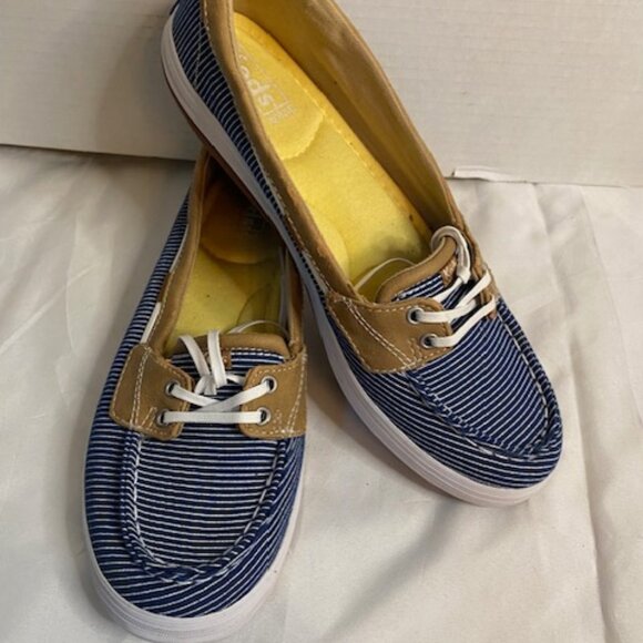 KEDS Tan Navy Blue White Striped Ortholite Canvas Loafer Boat Shoes, size 9.5 - Picture 2 of 6